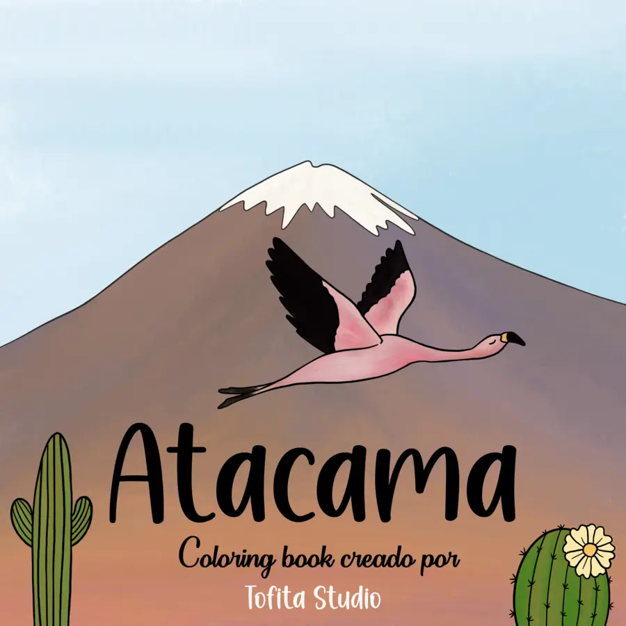 Portada del libro Atacama - Flamenco volando sobre montaña con cactus