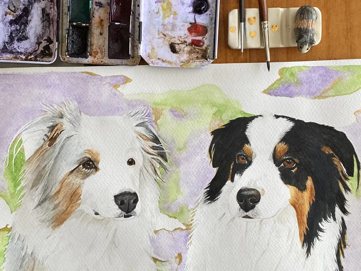 Retrato en acuarela de dos perros